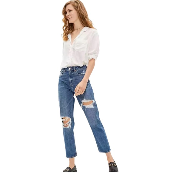 American Eagle Outfitters Denim - American Eagle Mom High Rise Straight Leg Stretch Cropped Jeans- Cool Torn- 12L